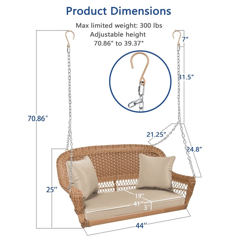 Pemberly Row Resin Wicker Hanging Porch Swing with Cushion in Honey/Tan