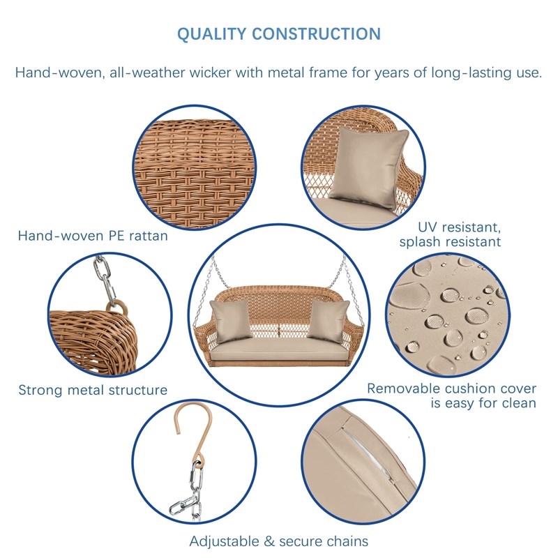 Pemberly Row Resin Wicker Hanging Porch Swing with Cushion in Honey/Tan