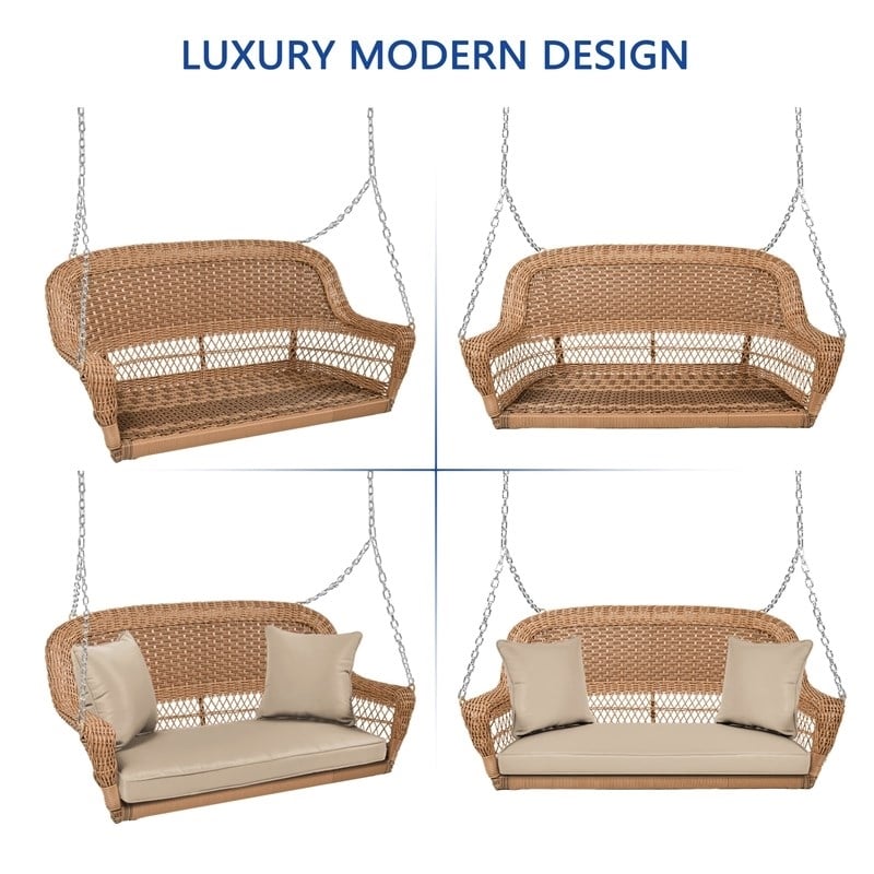 Pemberly Row Resin Wicker Hanging Porch Swing with Cushion in Honey/Tan