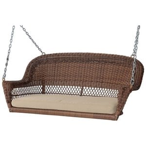 pemberly row wicker patio porch swing with cushion in honey and tan