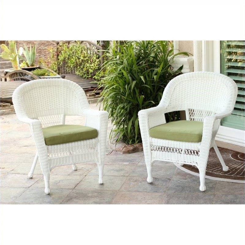 Pemberly Row Wicker Patio Chair with Cushion in White and Green (Set of ...