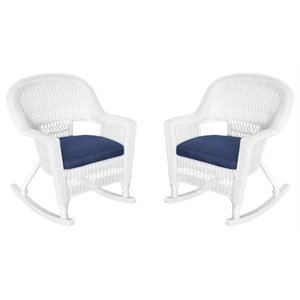 pemberly row wicker patio rocker with cushion in white and blue (set of 2)
