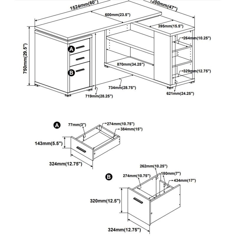 Pemberly Row Contemporary Wood L Shaped Writing Desk in Cappuccino