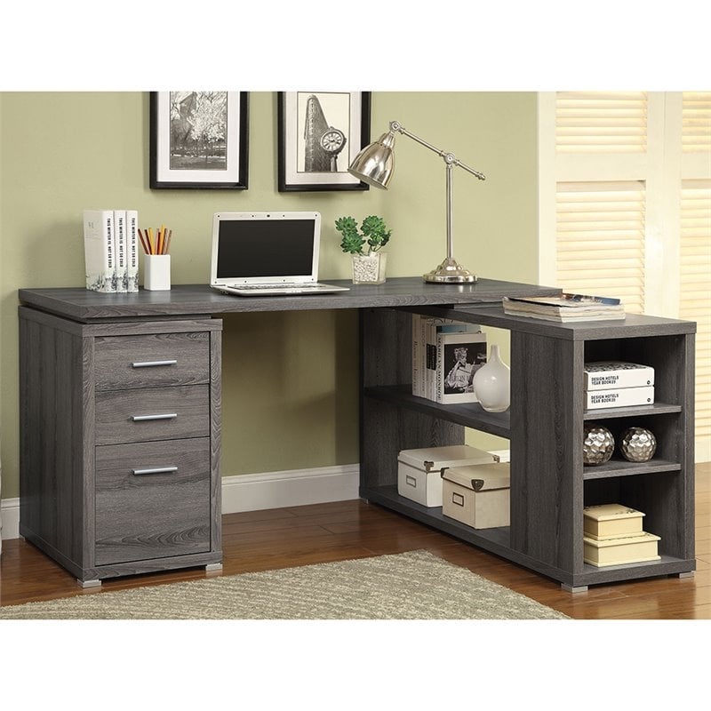 Pemberly Row Contemporary Wood L Shape Writing Desk in Weathered Gray/Silver