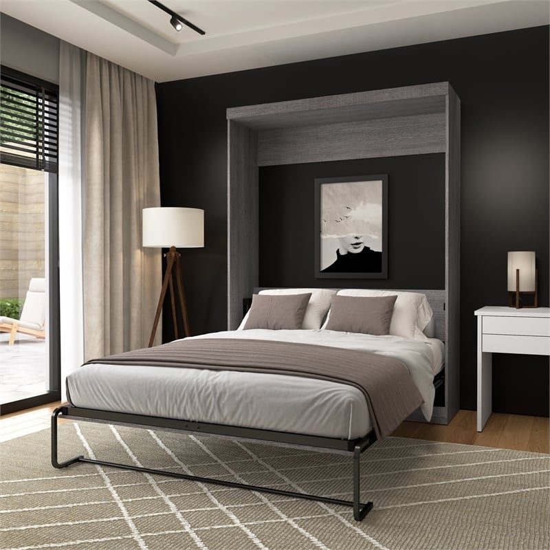 Pemberly Row Queen Size Wall Bed in Gray Engineered Wood - Easy Assembly