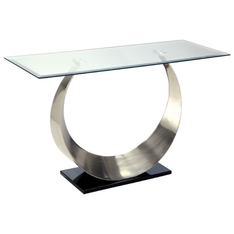 Pemberly Row Glass Top Console Table in Satin Plated
