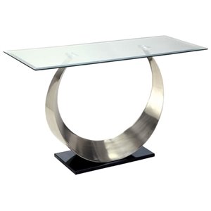 Pemberly Row Glass Top Console Table in Satin Plated
