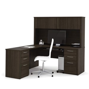Pemberly Row 66&quot Traditional Wood L Shaped Computer Desk with Hutch in Chocolate