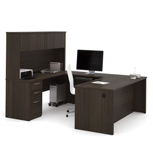 Pemberly Row 71&quot U Shaped Computer Desk with Hutch in Dark Chocolate