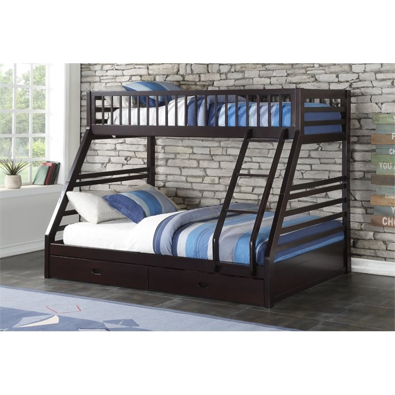 Pemberly Row Twin over Queen Size Bunk Bed in Wood with Storage in Espresso