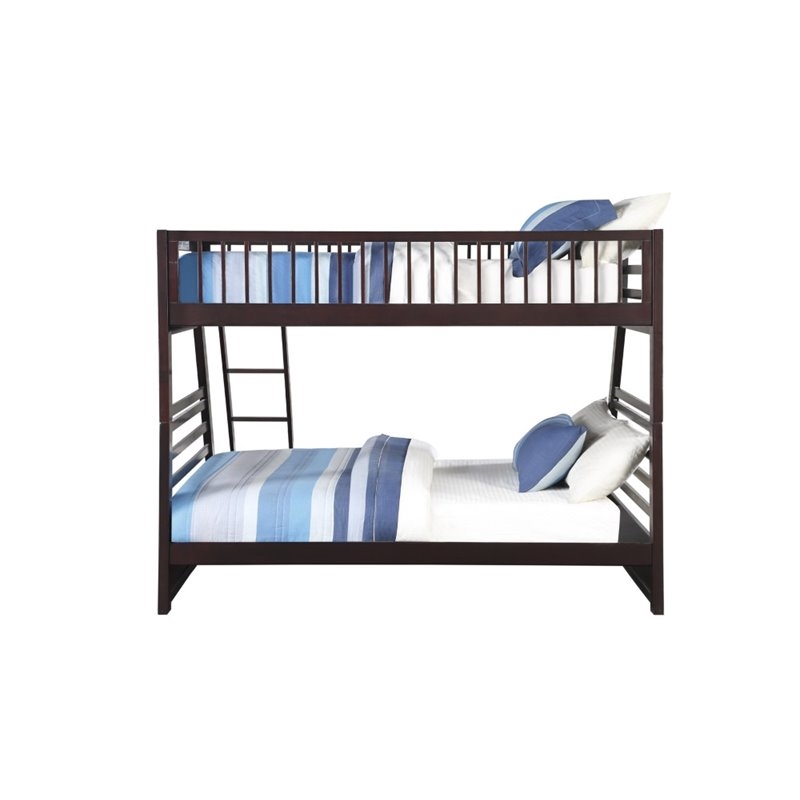 Pemberly Row Twin over Queen Size Bunk Bed in Wood with Storage in Espresso