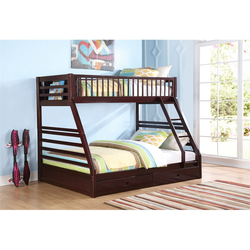Pemberly Row Twin over Queen Size Bunk Bed in Wood with Storage in Espresso