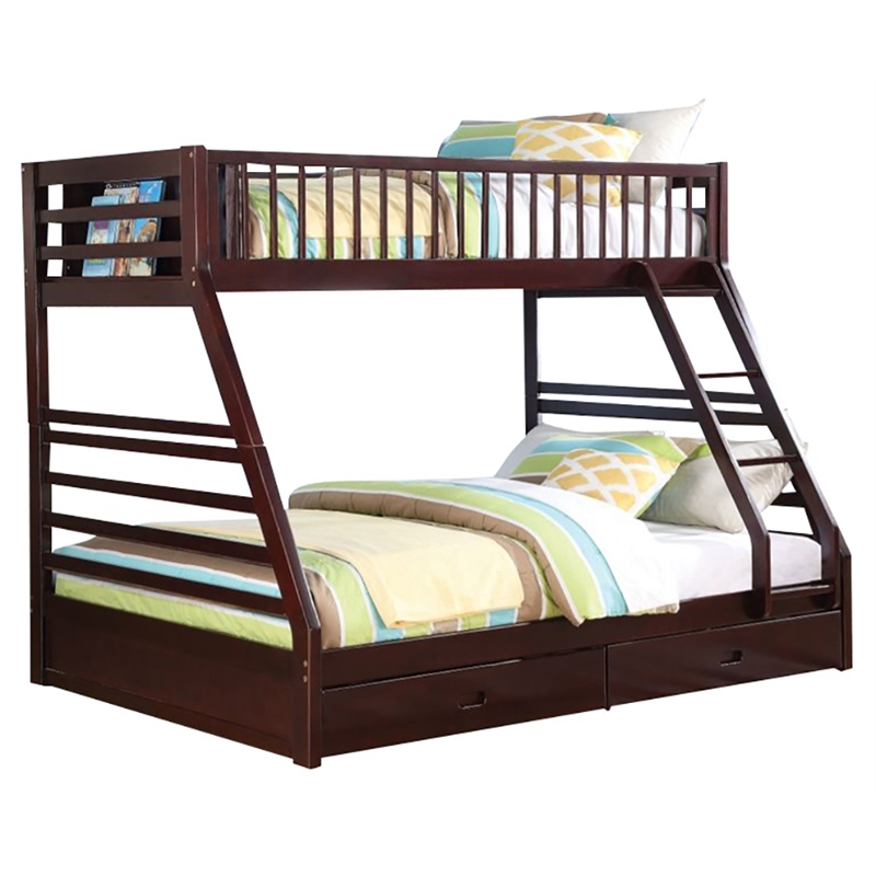 Pemberly Row Twin over Queen Size Bunk Bed in Wood with Storage in Espresso