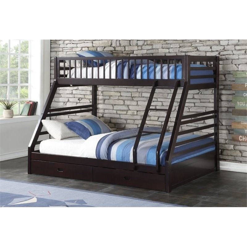 Pemberly Row Twin over Queen Size Bunk Bed in Wood with Storage in Espresso
