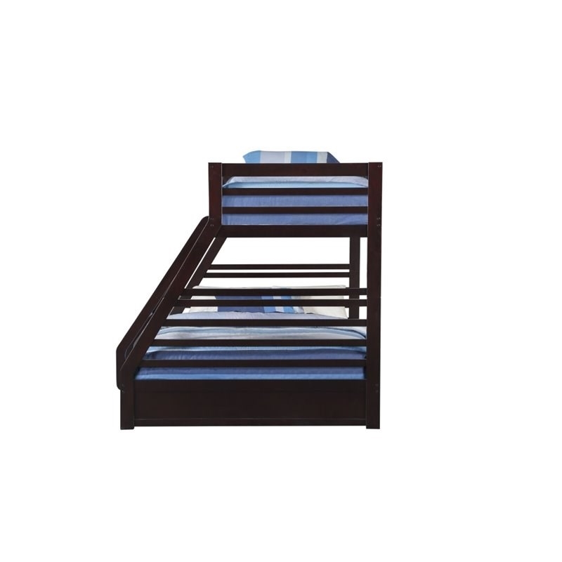 Pemberly Row Twin over Queen Size Bunk Bed in Wood with Storage in Espresso