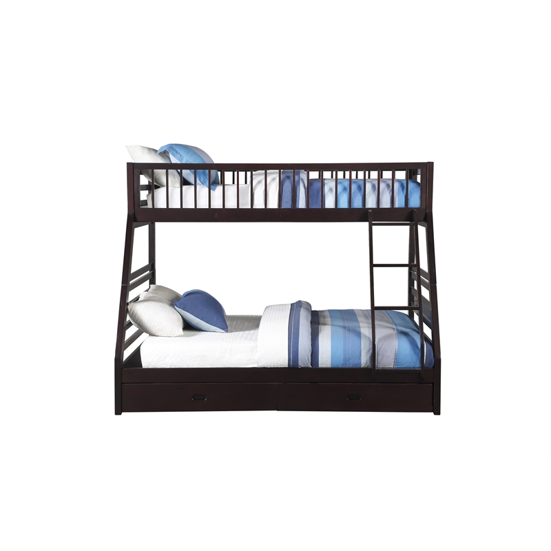 Pemberly Row Twin over Queen Size Bunk Bed in Wood with Storage in Espresso
