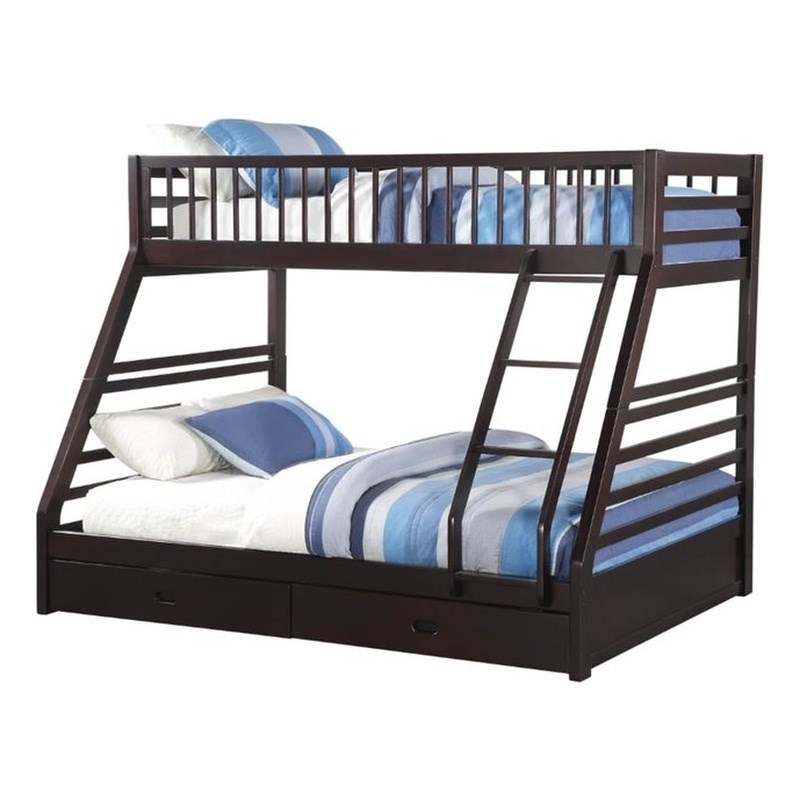 Pemberly Row Twin over Queen Size Bunk Bed in Wood with Storage in Espresso