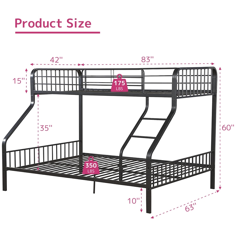 Pemberly Row Transitional Metal Twin XL Over Queen Bunk Bed in Gunmetal Gray