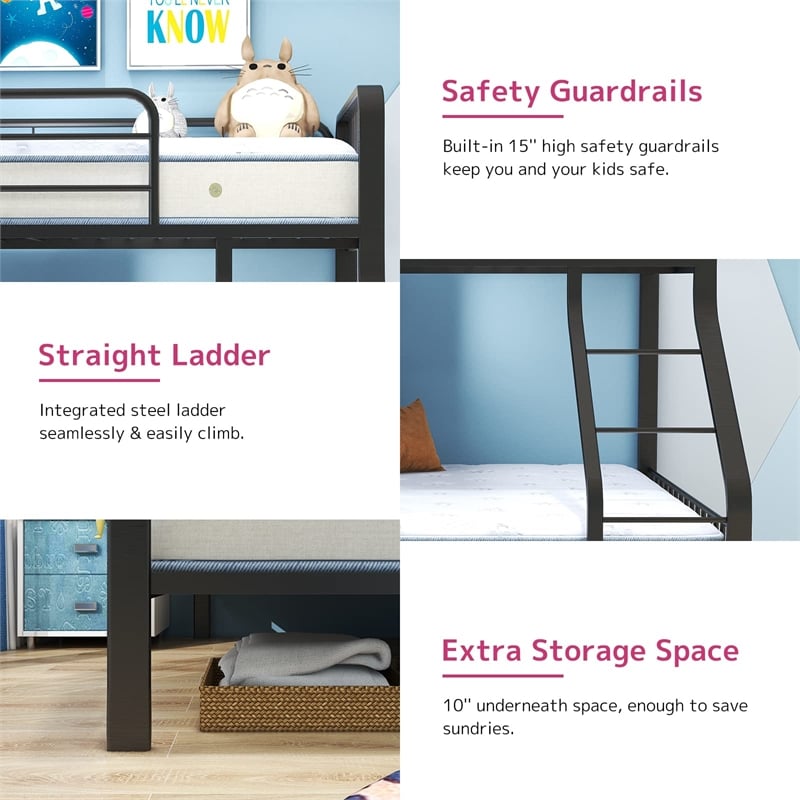 Pemberly Row Transitional Metal Twin XL Over Queen Bunk Bed in Gunmetal Gray