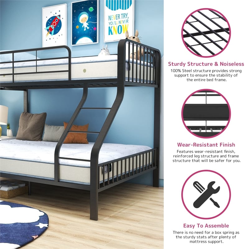 Pemberly Row Transitional Metal Twin XL Over Queen Bunk Bed in Gunmetal Gray