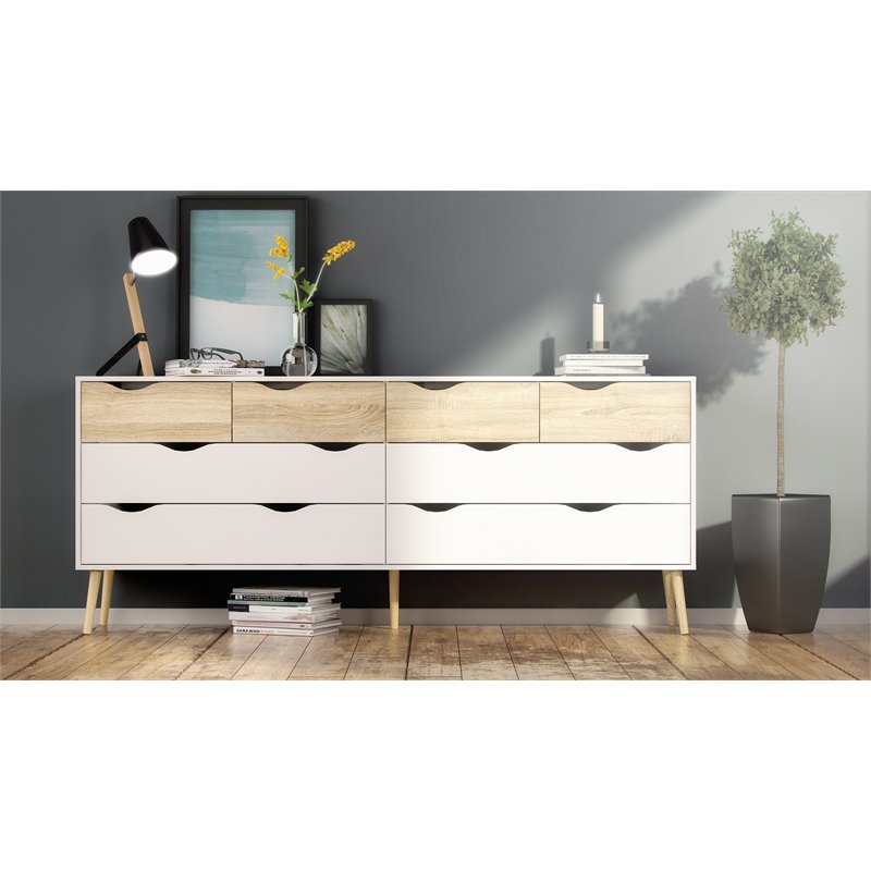 Pemberly Row Modern Wood 8 Drawer Double Dresser in White and Oak