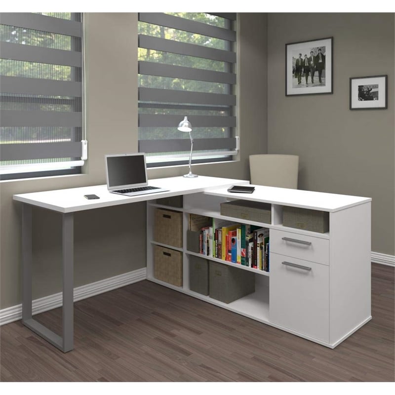 Pemberly Row Wood L Shaped Office Writing Desk with Drawers in White