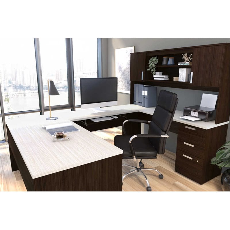 Pemberly Row U Shaped Computer Desk in Dark and White Chocolate