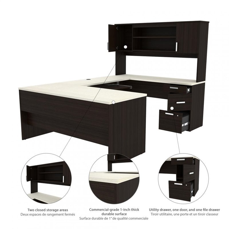 Pemberly Row U Shaped Computer Desk in Dark and White Chocolate