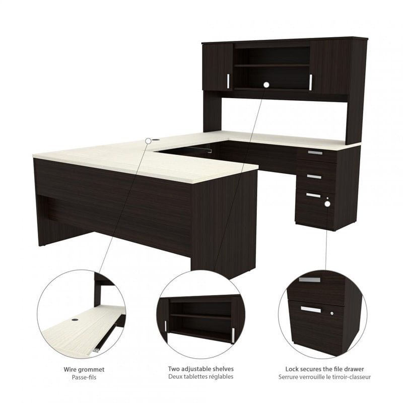 Pemberly Row U Shaped Computer Desk in Dark and White Chocolate