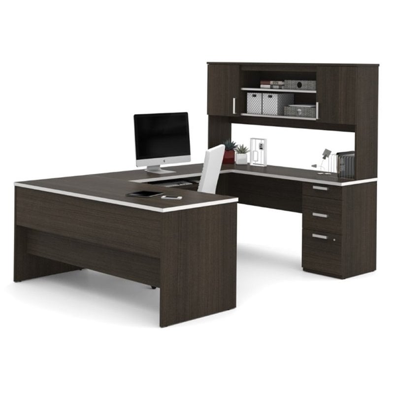Pemberly Row U Shaped Computer Desk in Dark Chocolate