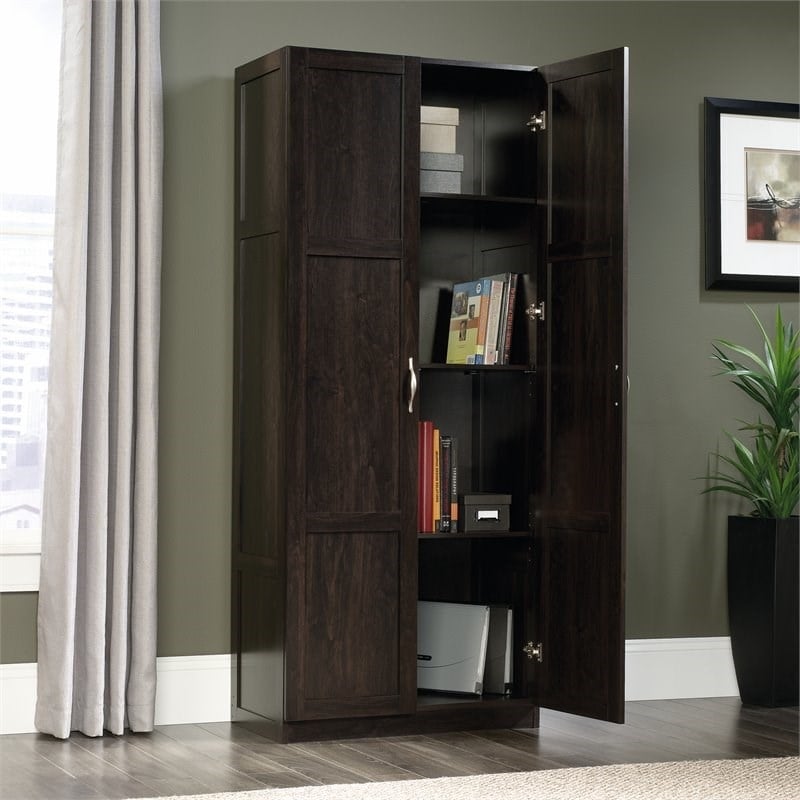 Pemberly Row Engineered Wood 4-Shelf Storage Cabinet in Cinnamon Cherry
