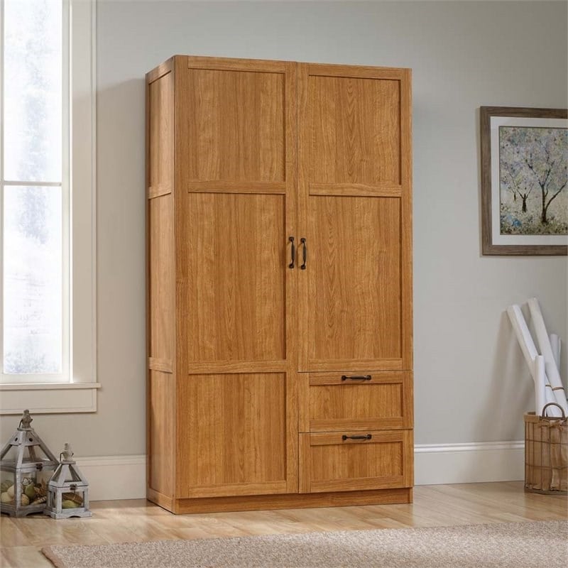 Pemberly Row Engineered Wood 2-Drawers Wardrobe Armoire in Highland Oak