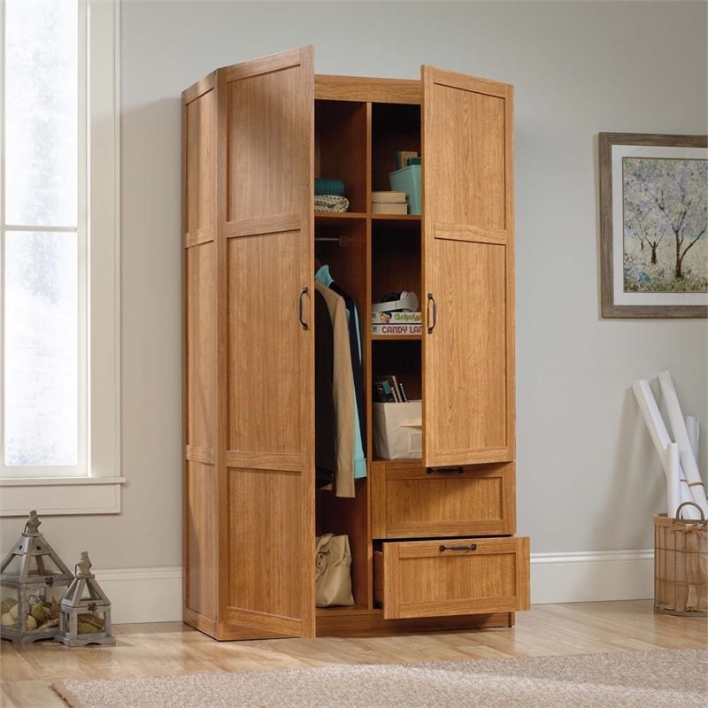 Pemberly Row Engineered Wood 2-Drawers Wardrobe Armoire in Highland Oak