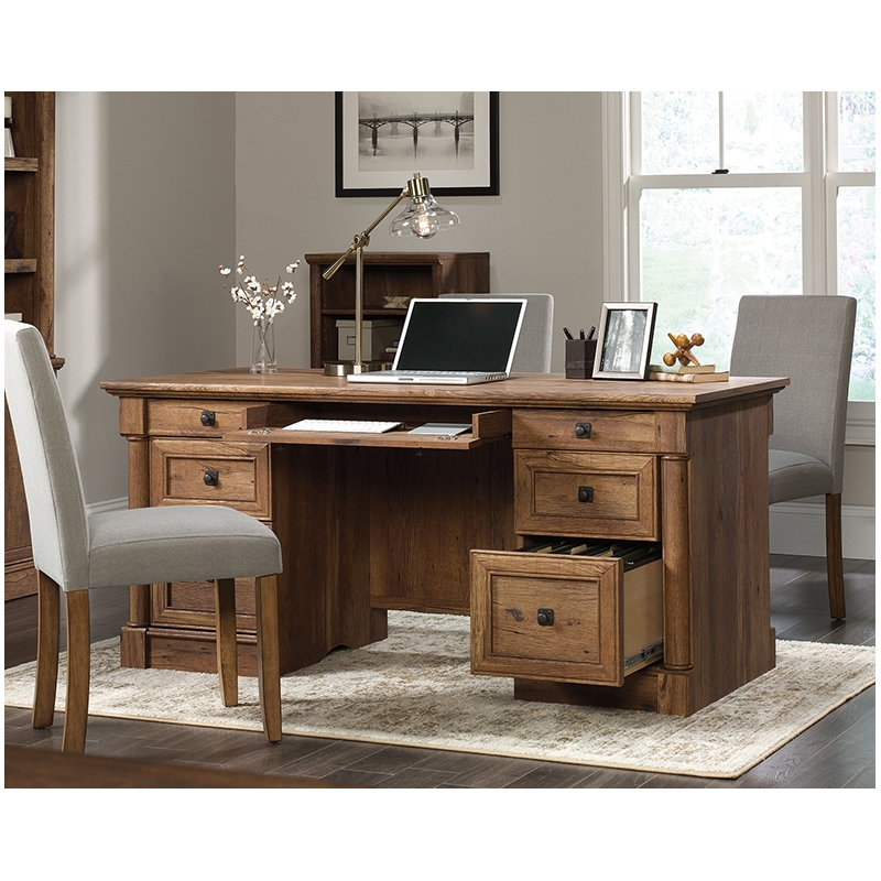 Pemberly Row Contemporary Engineered Wood Office Executive Desk in Vintage Oak