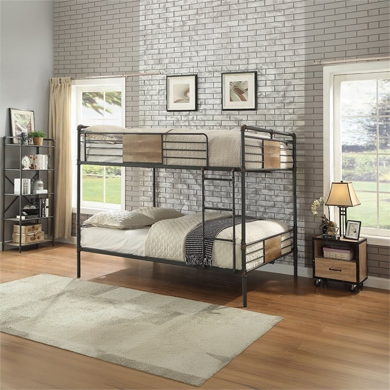 Pemberly Row Queen Over Queen Metal Bunk Bed in Sandy Black