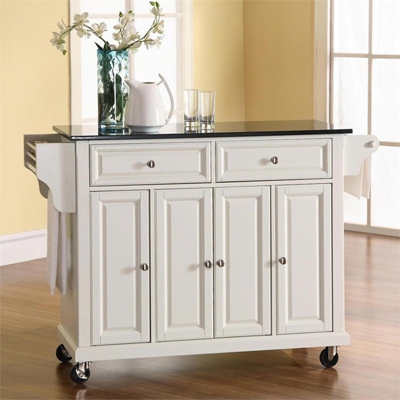 Pemberly Row Traditional Wood Solid Kitchen Cart with Granite Top in White/Black