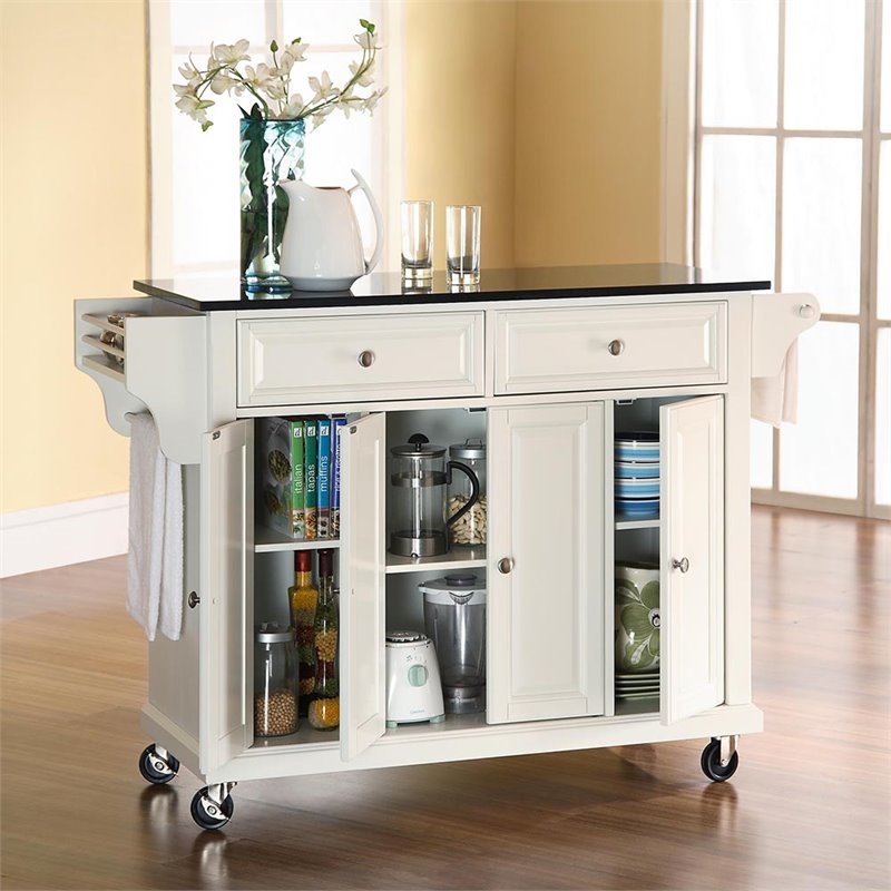 Pemberly Row Traditional Wood Solid Kitchen Cart with Granite Top in White/Black