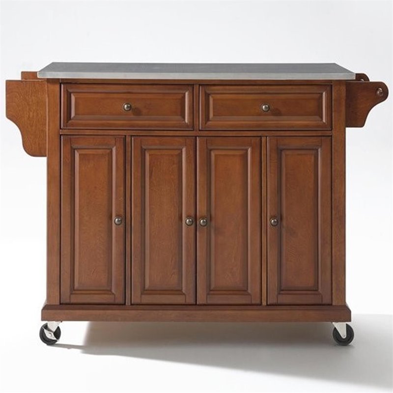 Pemberly Row Traditional Wood/Stainless Steel Kitchen Cart in Cherry