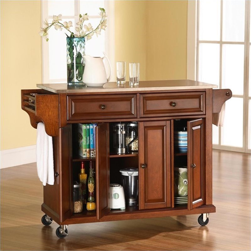 Pemberly Row Traditional Wood/Stainless Steel Kitchen Cart in Cherry