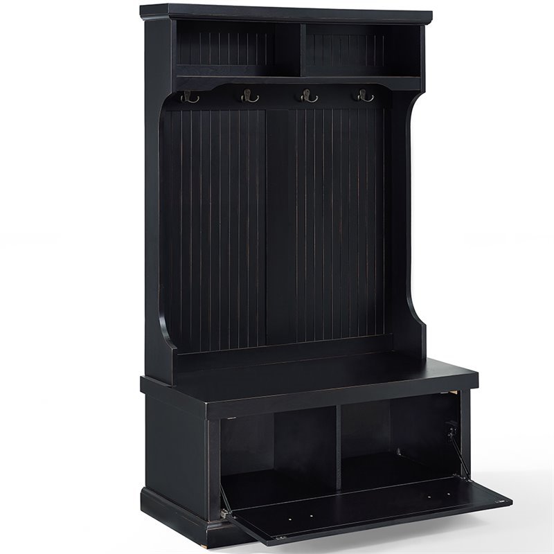 Pemberly Row Coastal Wood Hall Tree in Distressed Black Finish