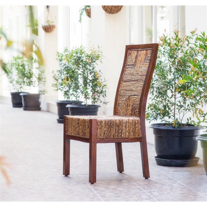 Pemberly Row Coastal Wood Woven Abaca Dining Chair in Mahogany Brown