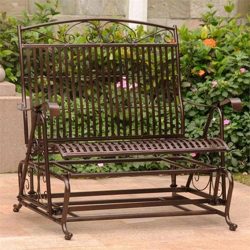 Pemberly Row Iron Patio Glider Loveseat in Bronze