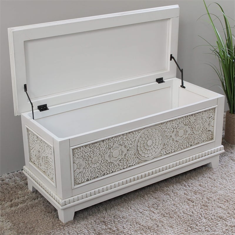 Pemberly Row Hardwood Carved Storage Trunk Bench in Antique White