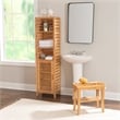 Pemberly Row Tall Bamboo Cabinet w/ 6-Shelf Tower & Door in Natural Brown