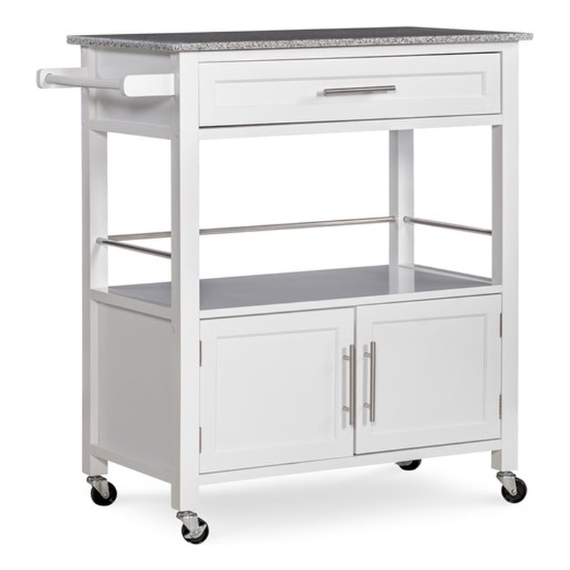 Pemberly Row Transitional Wood Kitchen Cart with Granite Top in White