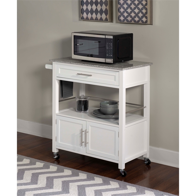 Pemberly Row Transitional Wood Kitchen Cart with Granite Top in White