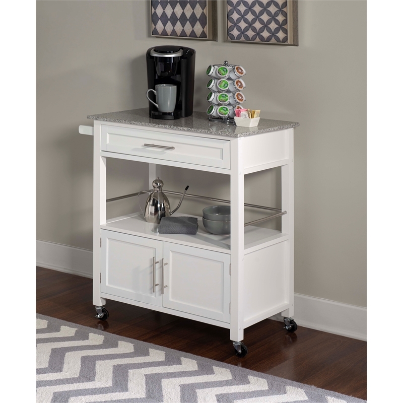 Pemberly Row Transitional Wood Kitchen Cart with Granite Top in White