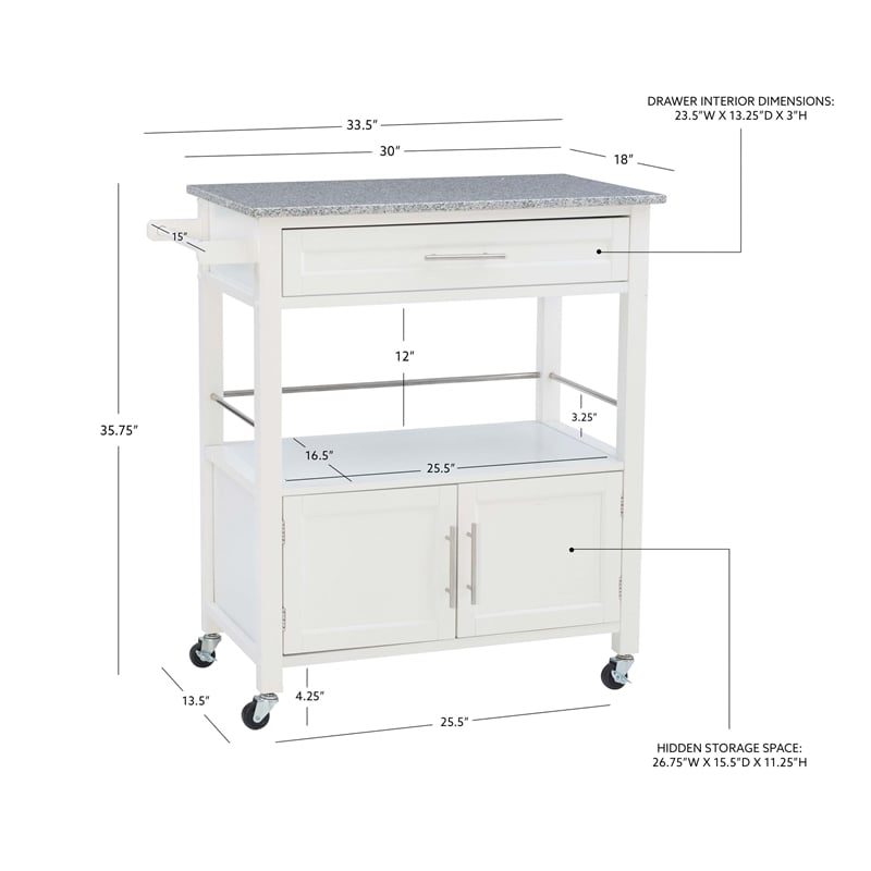 Pemberly Row Transitional Wood Kitchen Cart with Granite Top in White