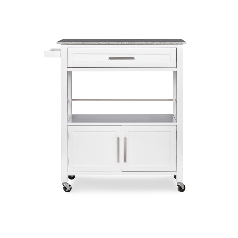 Pemberly Row Transitional Wood Kitchen Cart with Granite Top in White