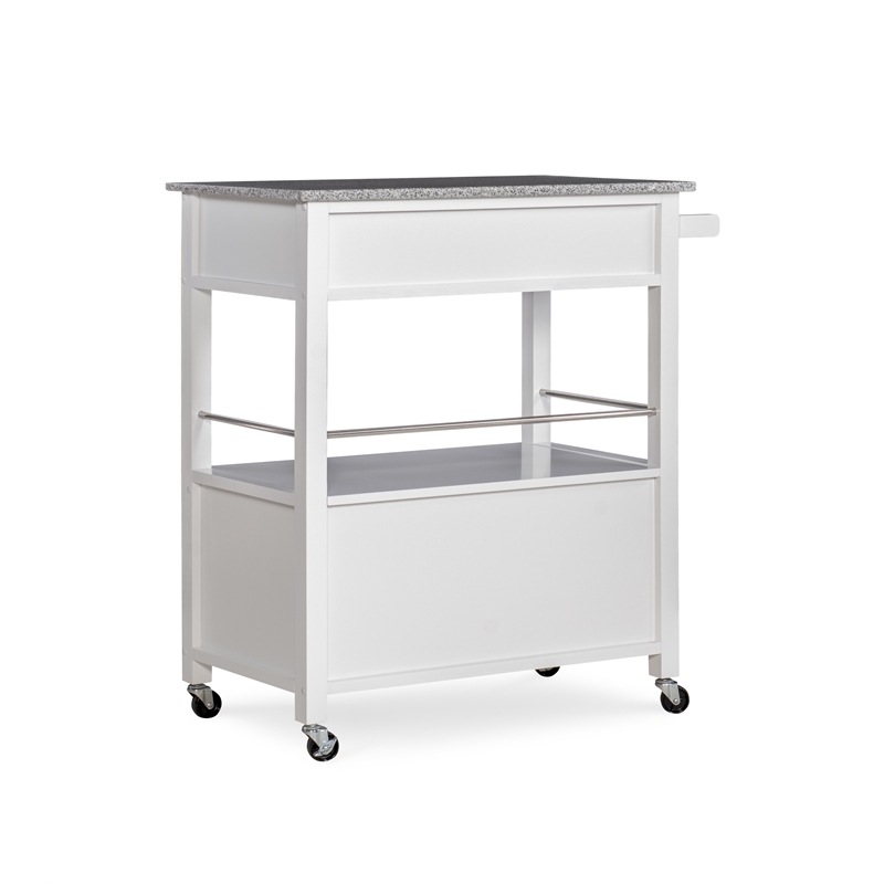 Pemberly Row Transitional Wood Kitchen Cart with Granite Top in White